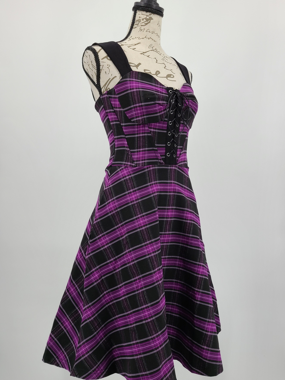 Unique Vintage Witchy Purple Plaid Lace-Up Bodice Fit & Flare Dress Size XS